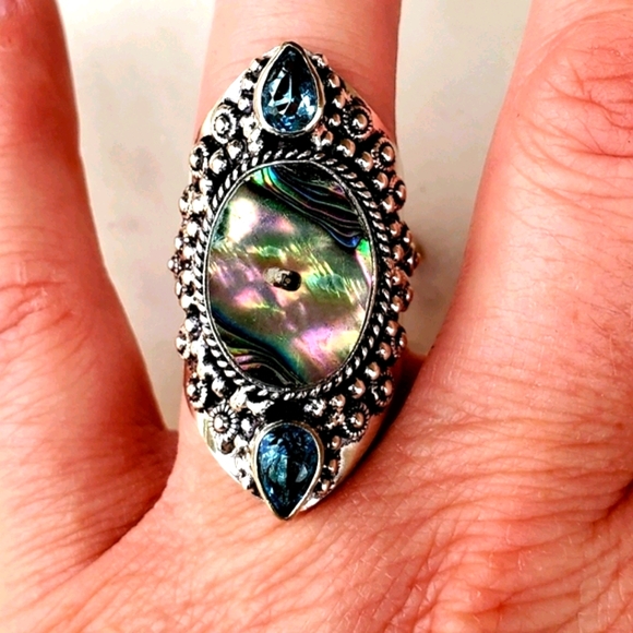 New Abalone Shell & Blue Topaz Silver Ring. - Picture 3 of 16